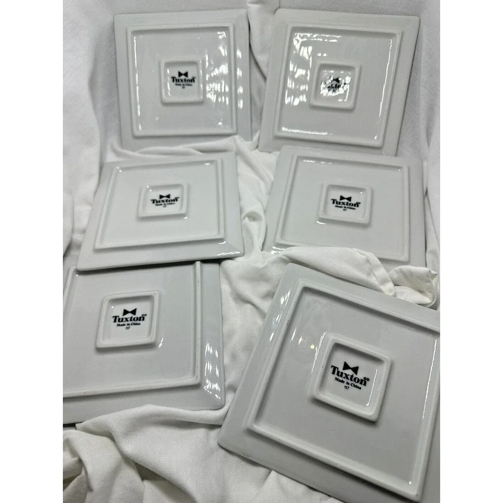 Tuxton Square Ceramic Appetizer Plates Set of 6 White Bronze Textured Rippled